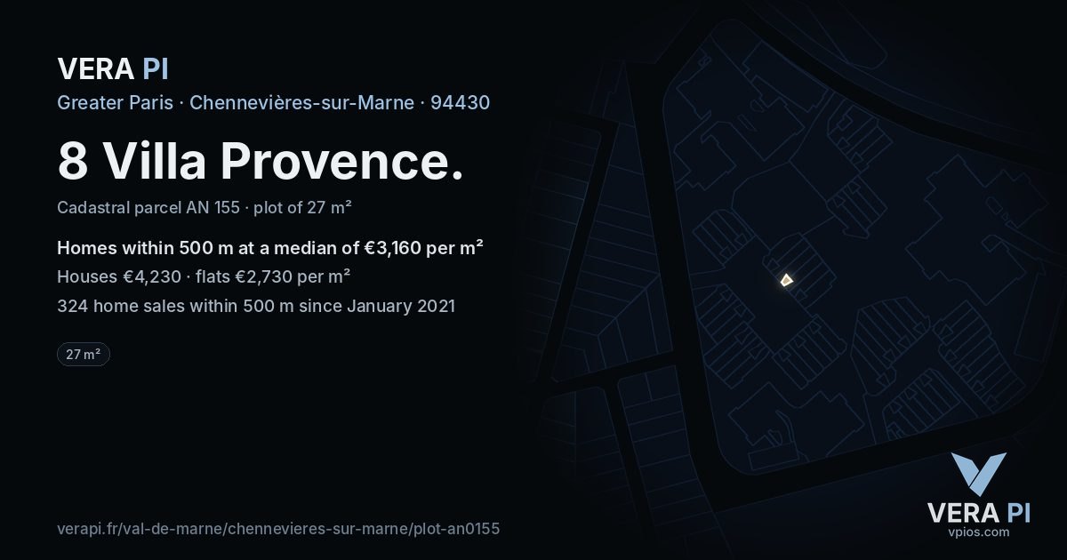 8 Villa Provence, Chennevières-sur-Marne at night – the plot lit, the parcels around coloured by the prices near them