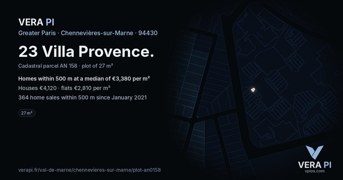 23 Villa Provence, Chennevières-sur-Marne at night – the plot lit, the parcels around coloured by the prices near them