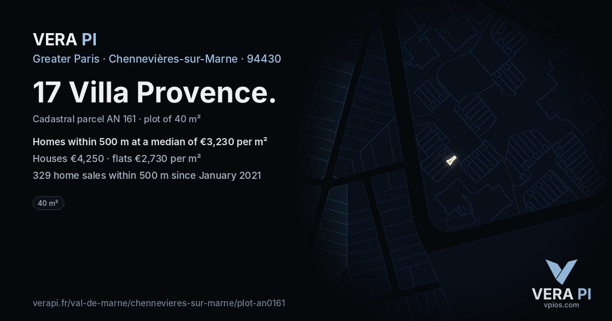 17 Villa Provence, Chennevières-sur-Marne at night – the plot lit, the parcels around coloured by the prices near them