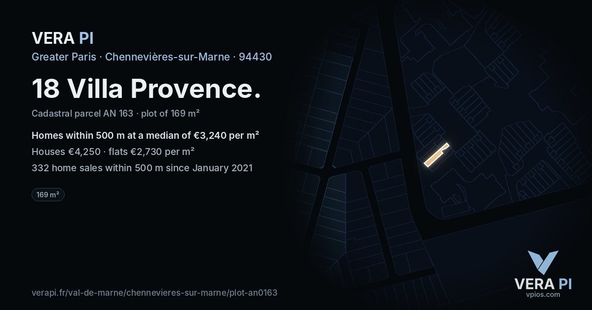 18 Villa Provence, Chennevières-sur-Marne at night – the plot lit, the parcels around coloured by the prices near them
