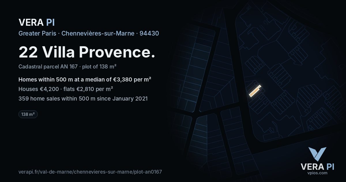 22 Villa Provence, Chennevières-sur-Marne at night – the plot lit, the parcels around coloured by the prices near them
