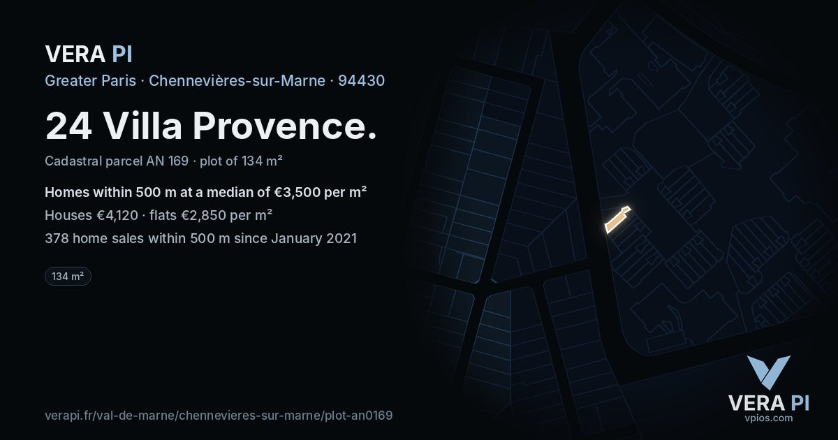 24 Villa Provence, Chennevières-sur-Marne at night – the plot lit, the parcels around coloured by the prices near them