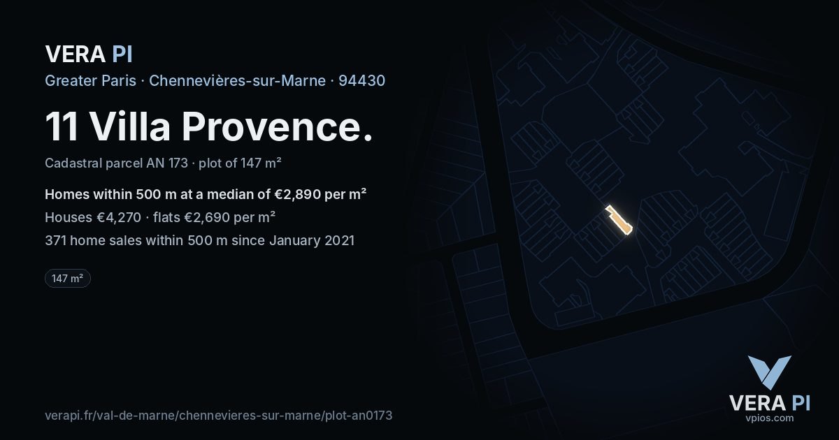 11 Villa Provence, Chennevières-sur-Marne at night – the plot lit, the parcels around coloured by the prices near them