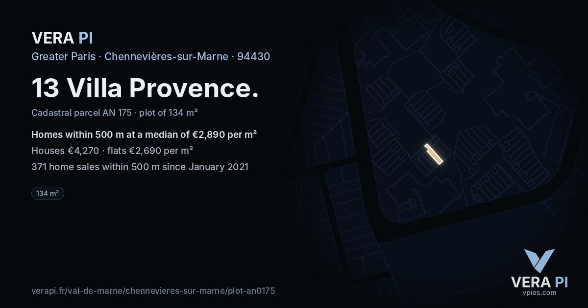13 Villa Provence, Chennevières-sur-Marne at night – the plot lit, the parcels around coloured by the prices near them