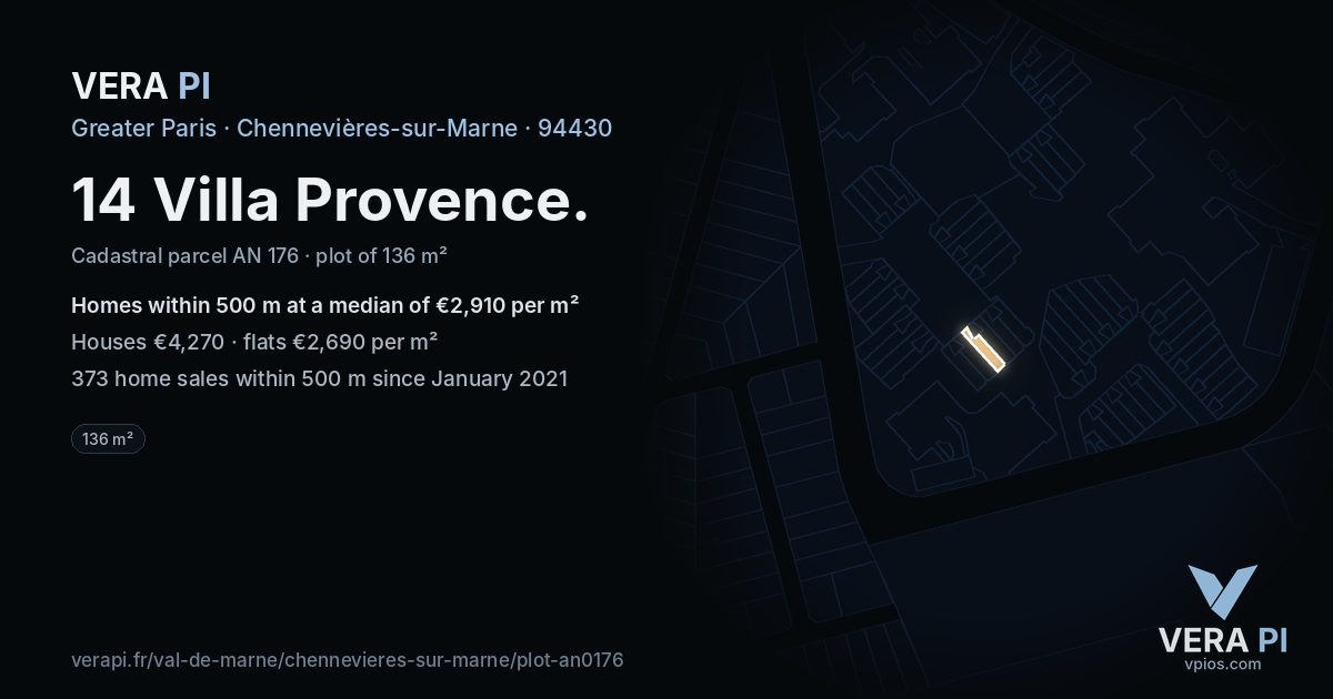 14 Villa Provence, Chennevières-sur-Marne at night – the plot lit, the parcels around coloured by the prices near them