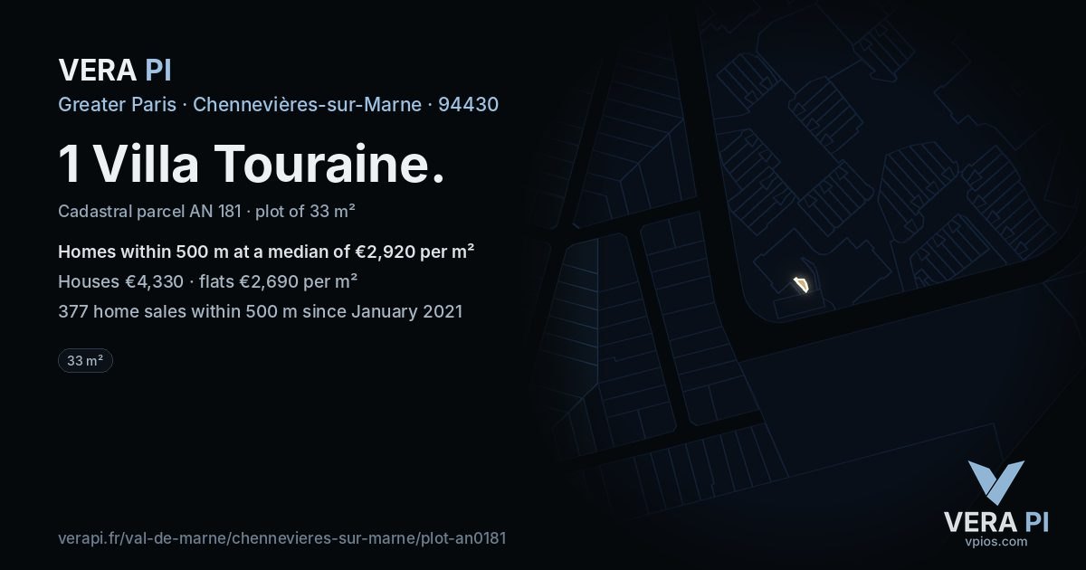 1 Villa Touraine, Chennevières-sur-Marne at night – the plot lit, the parcels around coloured by the prices near them