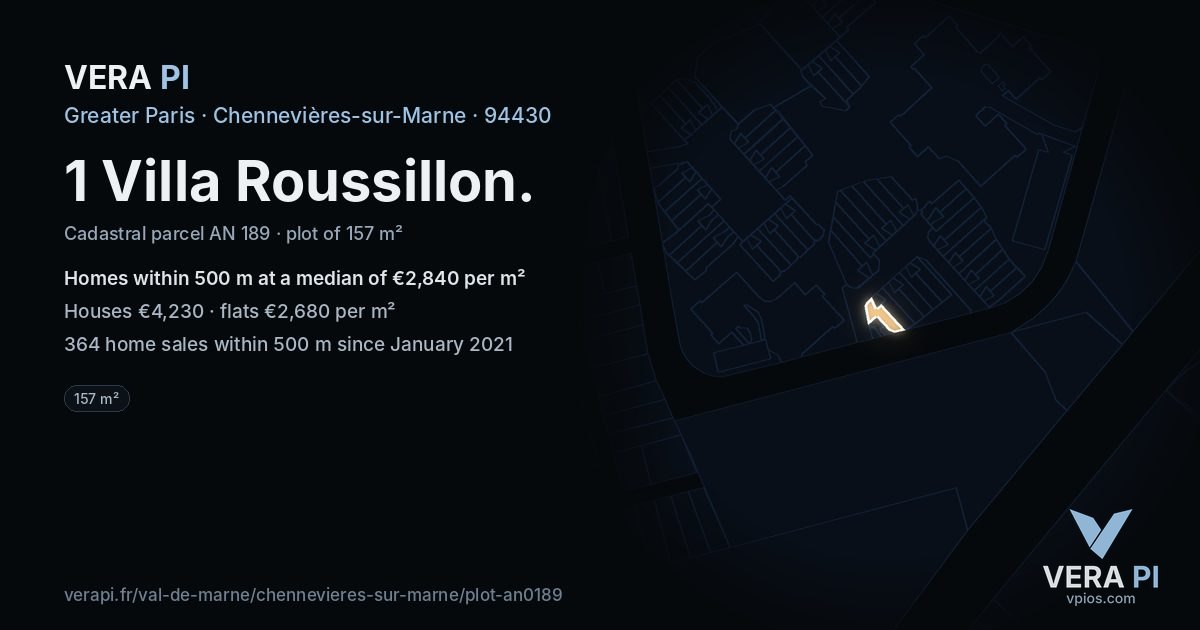 1 Villa Roussillon, Chennevières-sur-Marne at night – the plot lit, the parcels around coloured by the prices near them