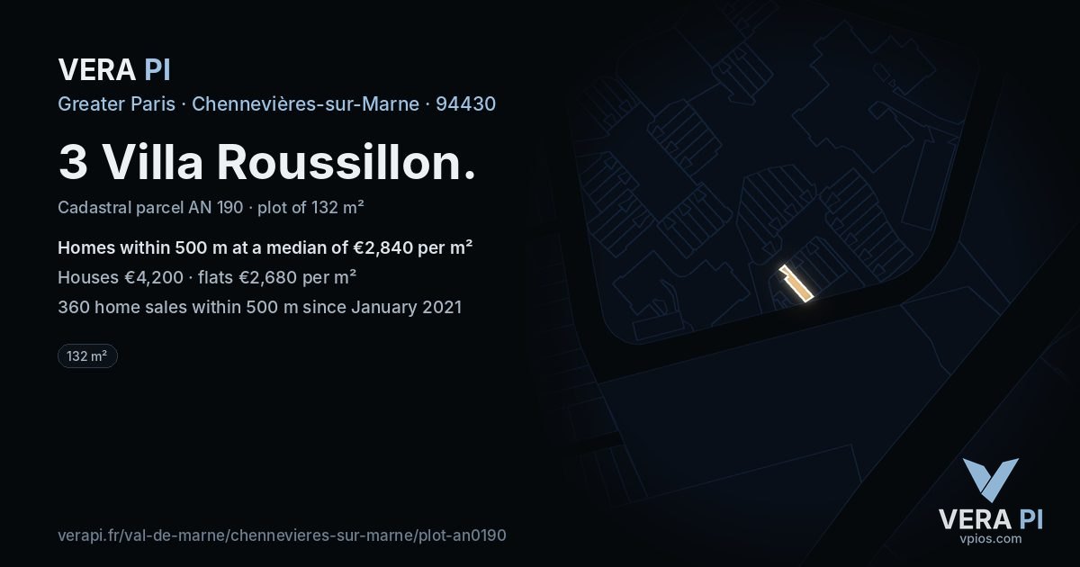 3 Villa Roussillon, Chennevières-sur-Marne at night – the plot lit, the parcels around coloured by the prices near them