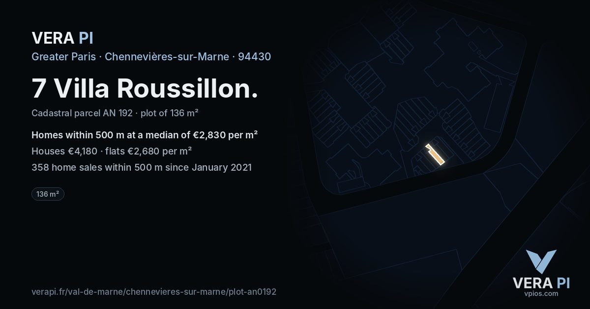 7 Villa Roussillon, Chennevières-sur-Marne at night – the plot lit, the parcels around coloured by the prices near them