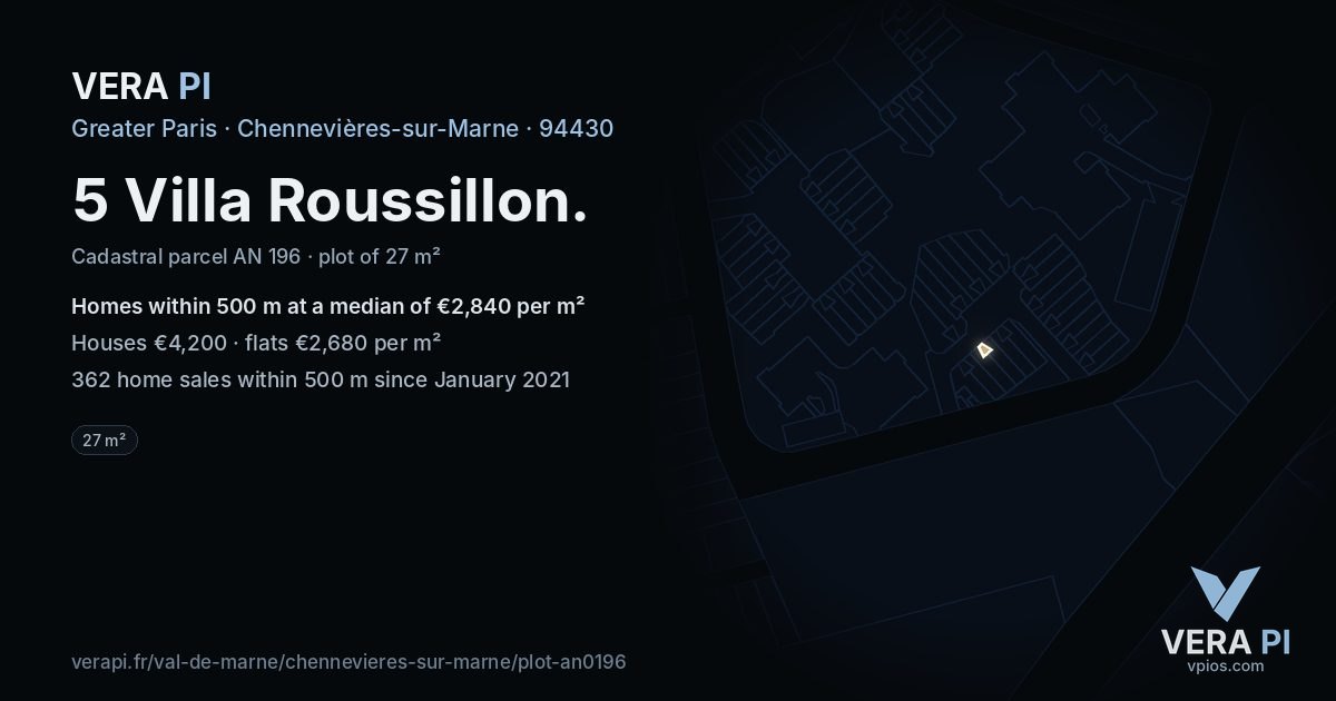 5 Villa Roussillon, Chennevières-sur-Marne at night – the plot lit, the parcels around coloured by the prices near them