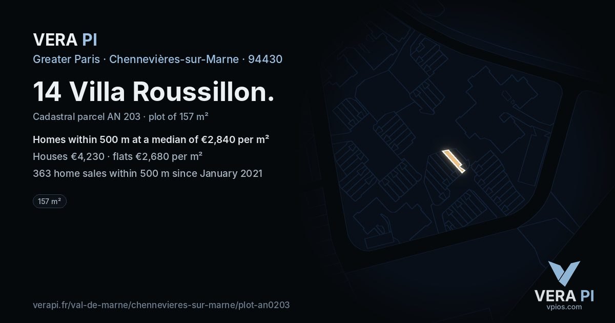 14 Villa Roussillon, Chennevières-sur-Marne at night – the plot lit, the parcels around coloured by the prices near them