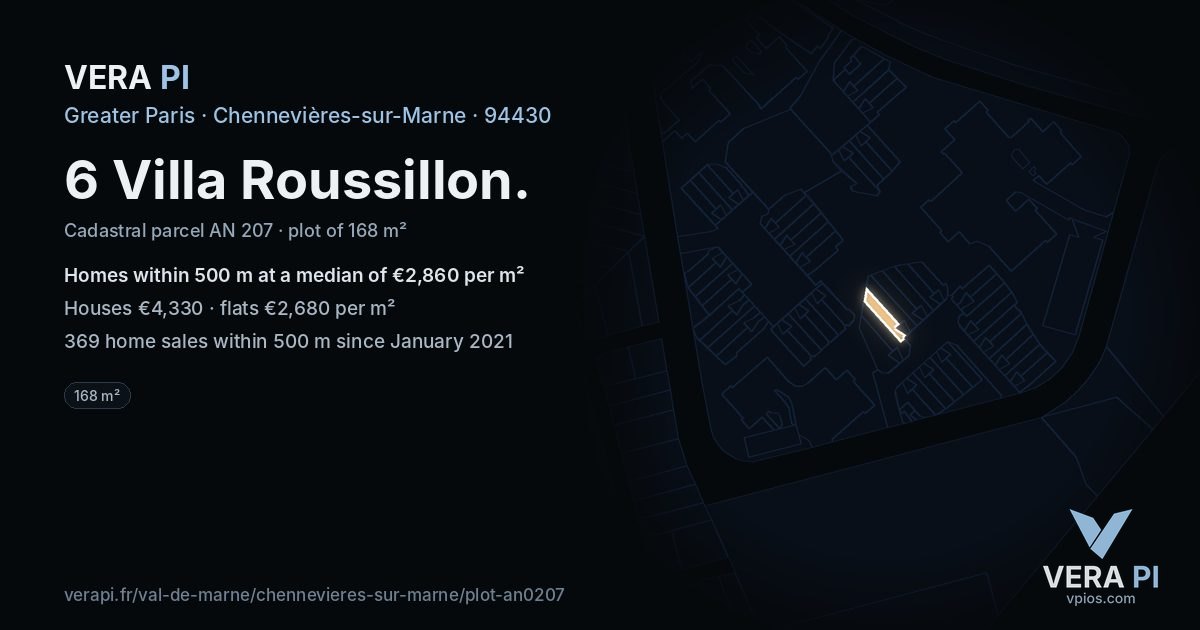 6 Villa Roussillon, Chennevières-sur-Marne at night – the plot lit, the parcels around coloured by the prices near them