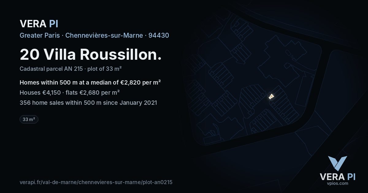20 Villa Roussillon, Chennevières-sur-Marne at night – the plot lit, the parcels around coloured by the prices near them