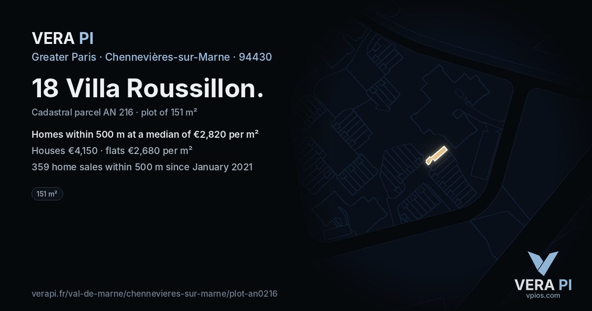 18 Villa Roussillon, Chennevières-sur-Marne at night – the plot lit, the parcels around coloured by the prices near them