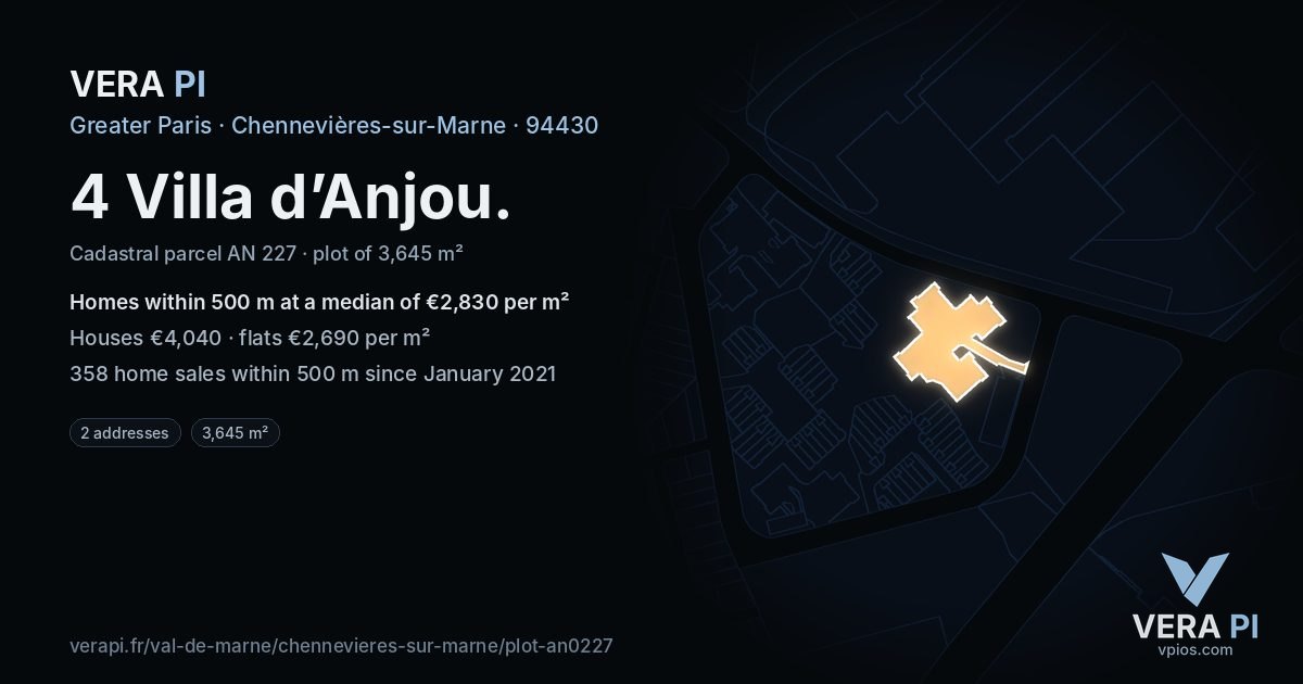 4 Villa d’Anjou, Chennevières-sur-Marne at night – the plot lit, the parcels around coloured by the prices near them