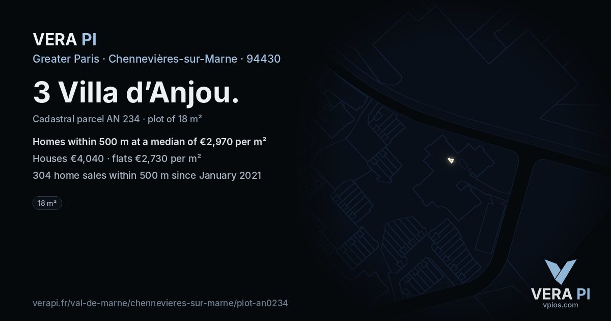 3 Villa d’Anjou, Chennevières-sur-Marne at night – the plot lit, the parcels around coloured by the prices near them