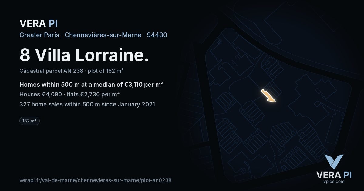8 Villa Lorraine, Chennevières-sur-Marne at night – the plot lit, the parcels around coloured by the prices near them