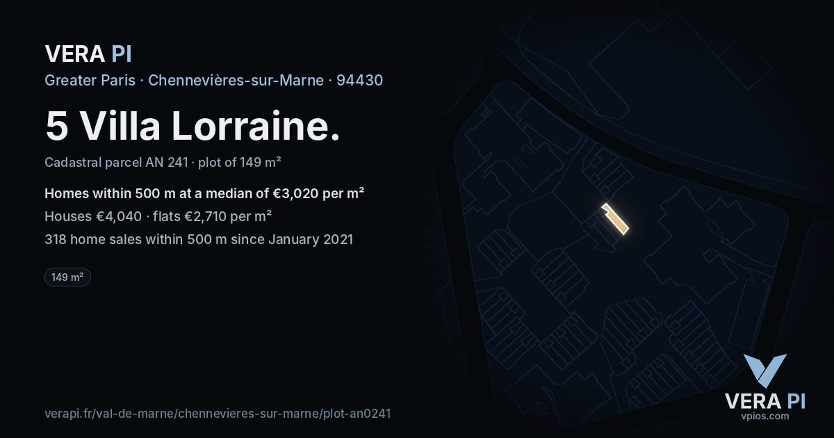 5 Villa Lorraine, Chennevières-sur-Marne at night – the plot lit, the parcels around coloured by the prices near them