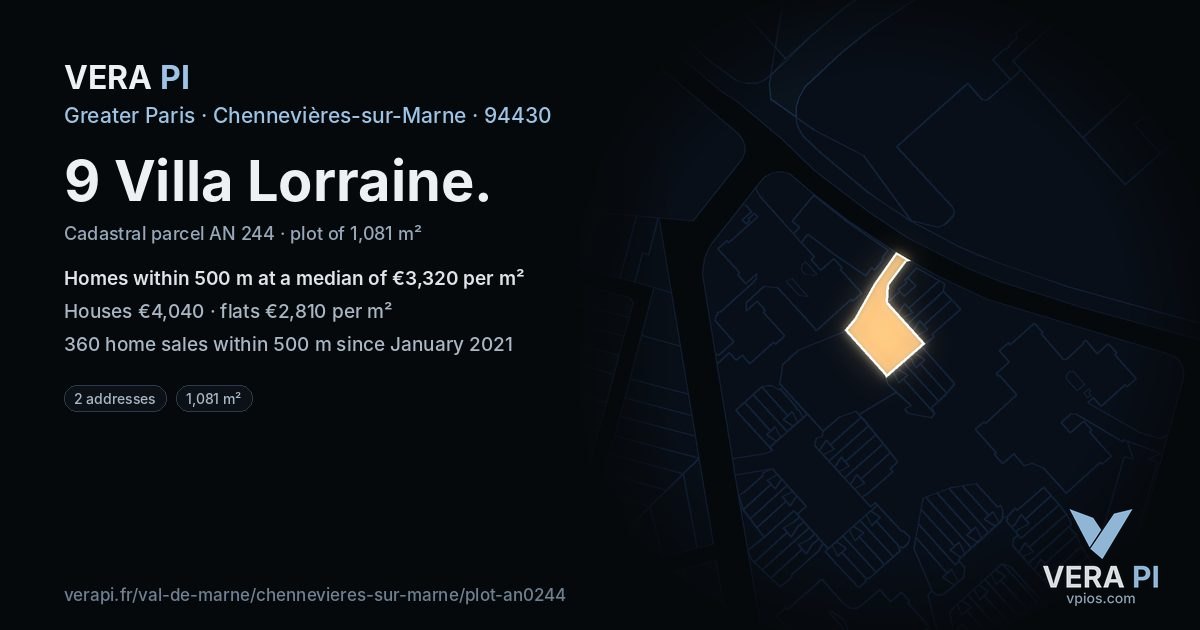 9 Villa Lorraine, Chennevières-sur-Marne at night – the plot lit, the parcels around coloured by the prices near them