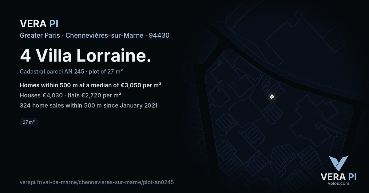 4 Villa Lorraine, Chennevières-sur-Marne at night – the plot lit, the parcels around coloured by the prices near them