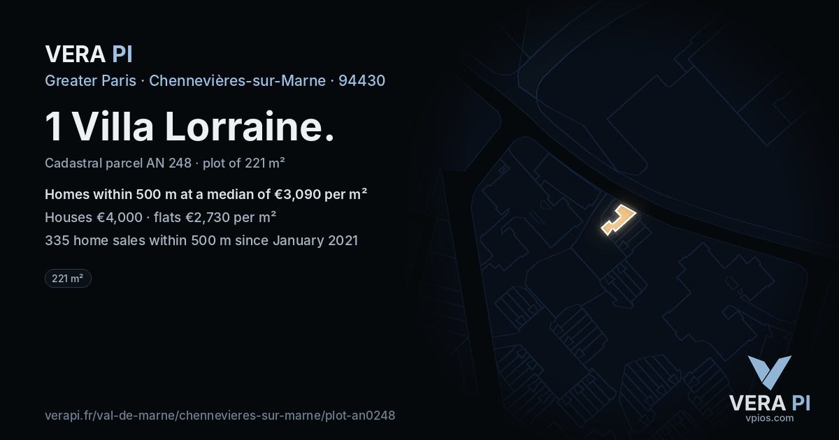 1 Villa Lorraine, Chennevières-sur-Marne at night – the plot lit, the parcels around coloured by the prices near them