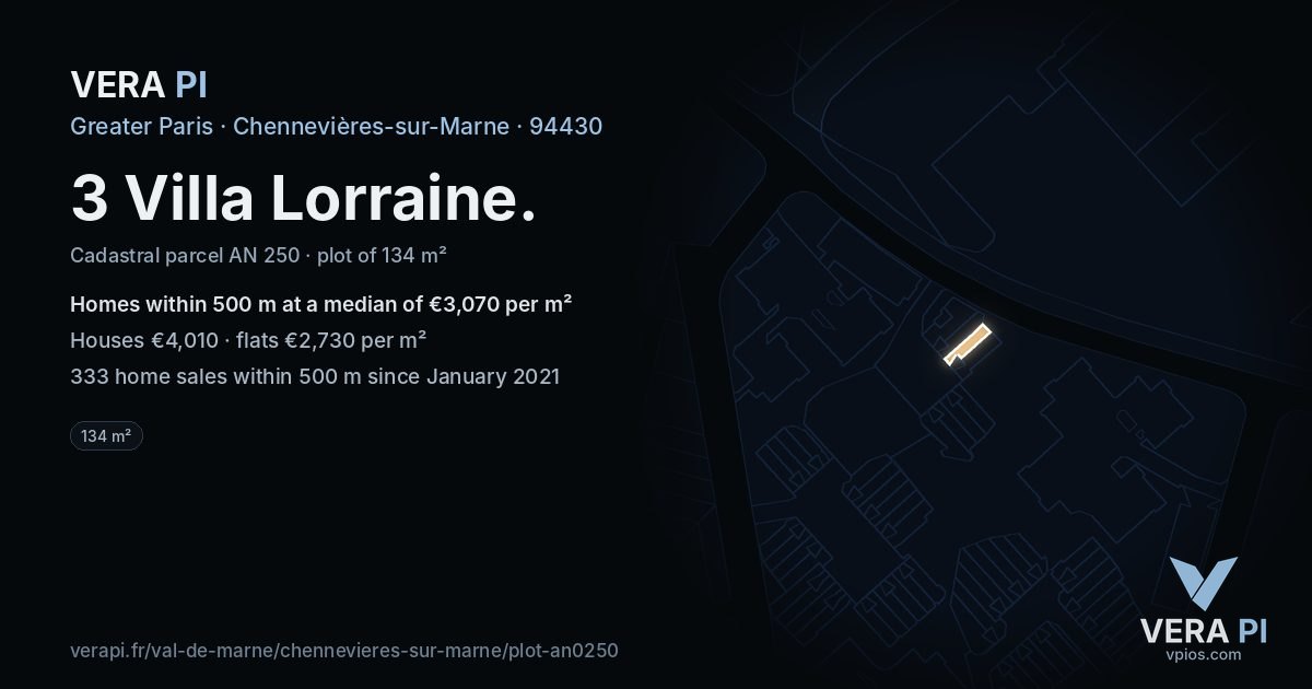 3 Villa Lorraine, Chennevières-sur-Marne at night – the plot lit, the parcels around coloured by the prices near them