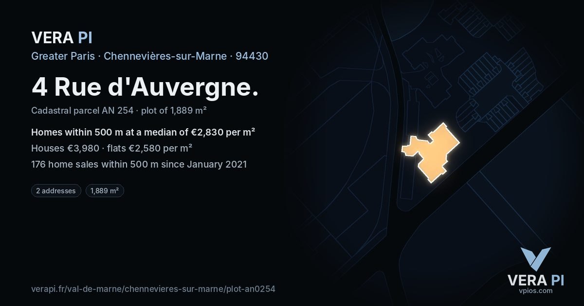 4 Rue d'Auvergne, Chennevières-sur-Marne at night – the plot lit, the parcels around coloured by the prices near them