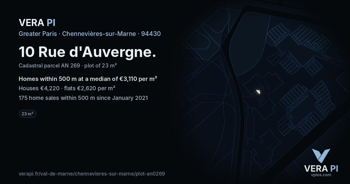 10 Rue d'Auvergne, Chennevières-sur-Marne at night – the plot lit, the parcels around coloured by the prices near them