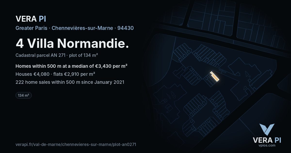 4 Villa Normandie, Chennevières-sur-Marne at night – the plot lit, the parcels around coloured by the prices near them