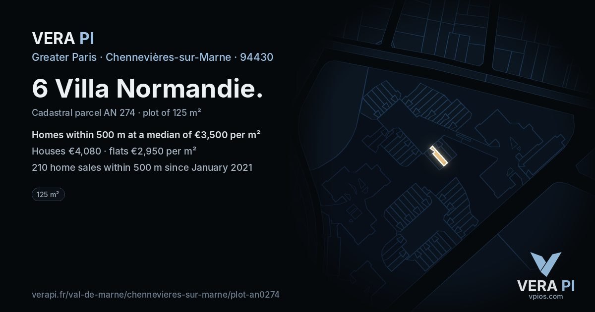 6 Villa Normandie, Chennevières-sur-Marne at night – the plot lit, the parcels around coloured by the prices near them