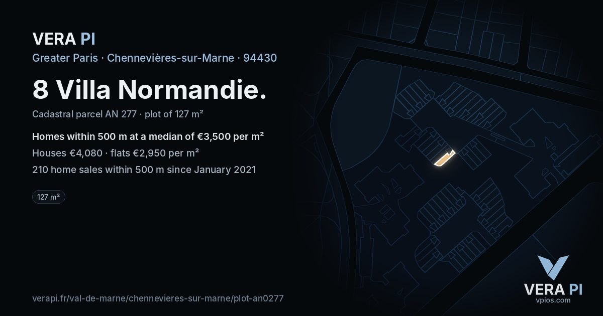 8 Villa Normandie, Chennevières-sur-Marne at night – the plot lit, the parcels around coloured by the prices near them