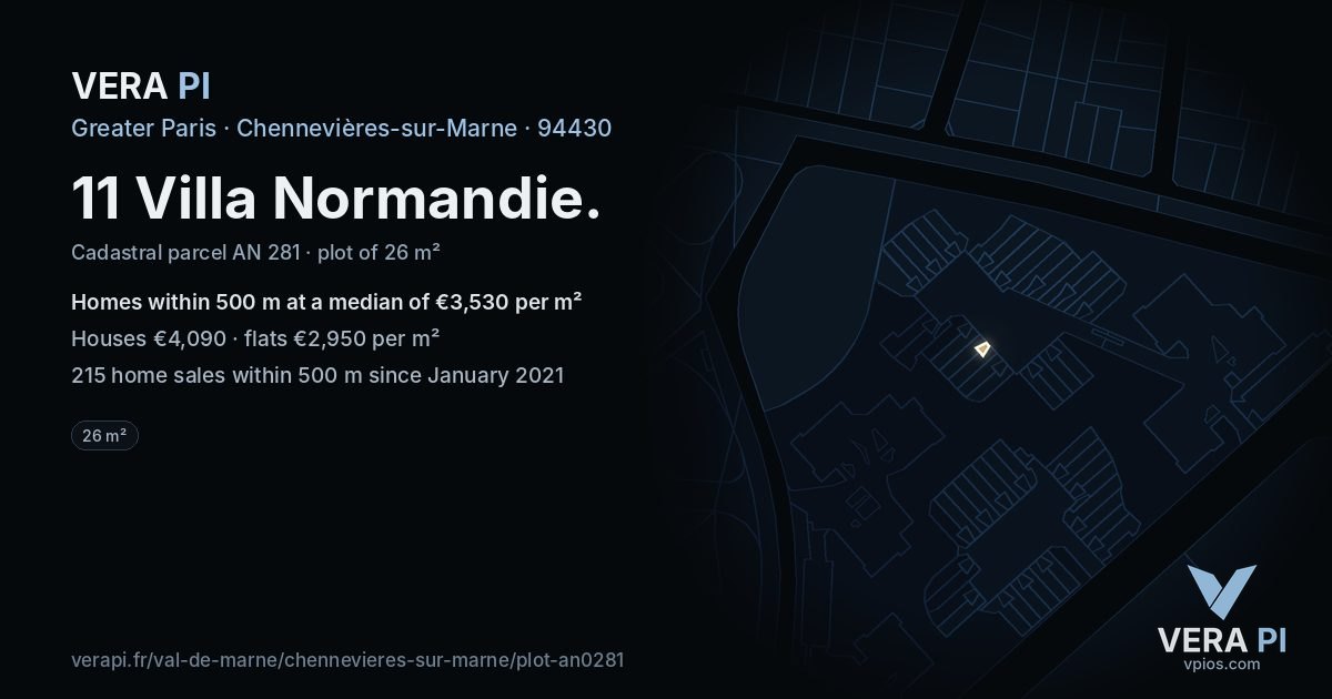 11 Villa Normandie, Chennevières-sur-Marne at night – the plot lit, the parcels around coloured by the prices near them