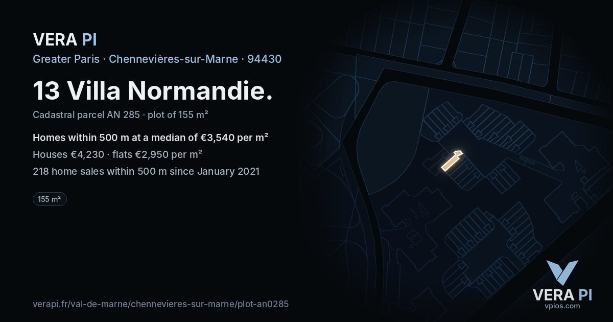 13 Villa Normandie, Chennevières-sur-Marne at night – the plot lit, the parcels around coloured by the prices near them