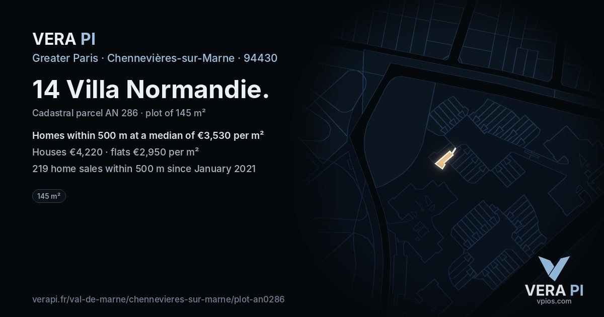 14 Villa Normandie, Chennevières-sur-Marne at night – the plot lit, the parcels around coloured by the prices near them