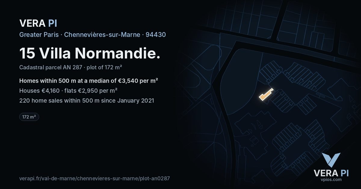 15 Villa Normandie, Chennevières-sur-Marne at night – the plot lit, the parcels around coloured by the prices near them