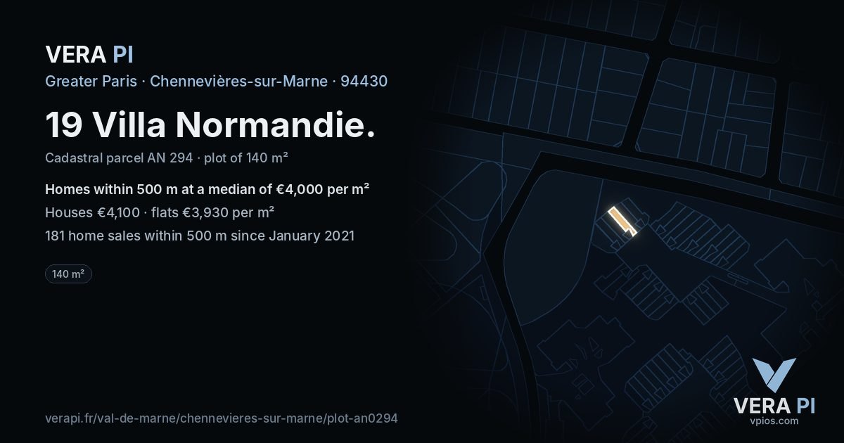 19 Villa Normandie, Chennevières-sur-Marne at night – the plot lit, the parcels around coloured by the prices near them
