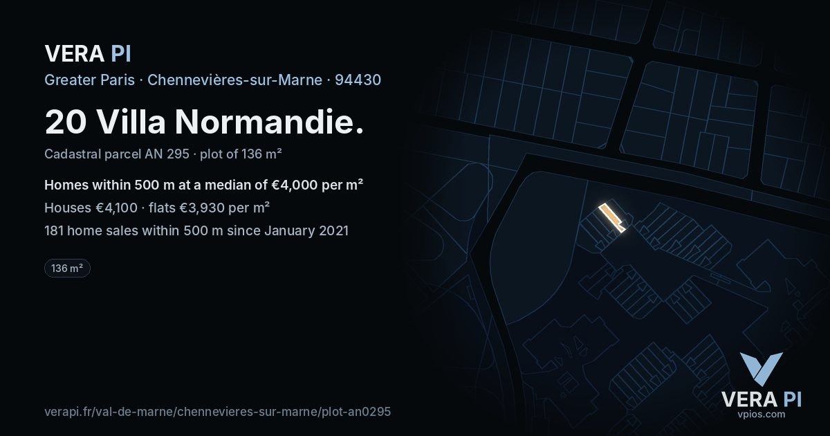 20 Villa Normandie, Chennevières-sur-Marne at night – the plot lit, the parcels around coloured by the prices near them