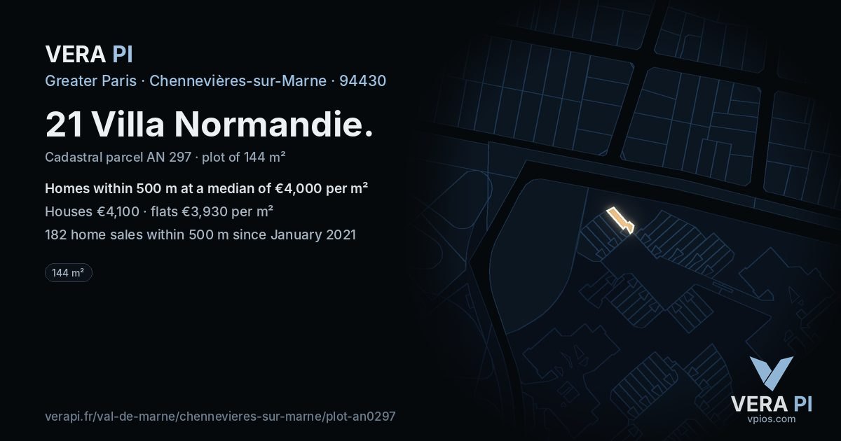 21 Villa Normandie, Chennevières-sur-Marne at night – the plot lit, the parcels around coloured by the prices near them