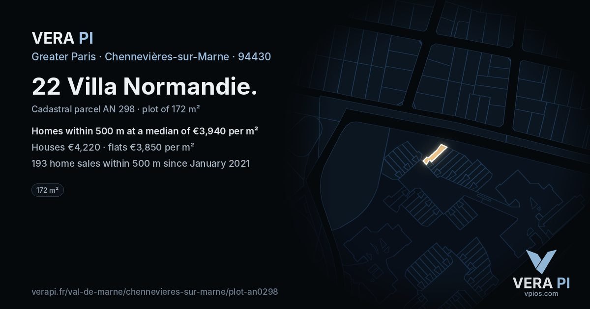 22 Villa Normandie, Chennevières-sur-Marne at night – the plot lit, the parcels around coloured by the prices near them