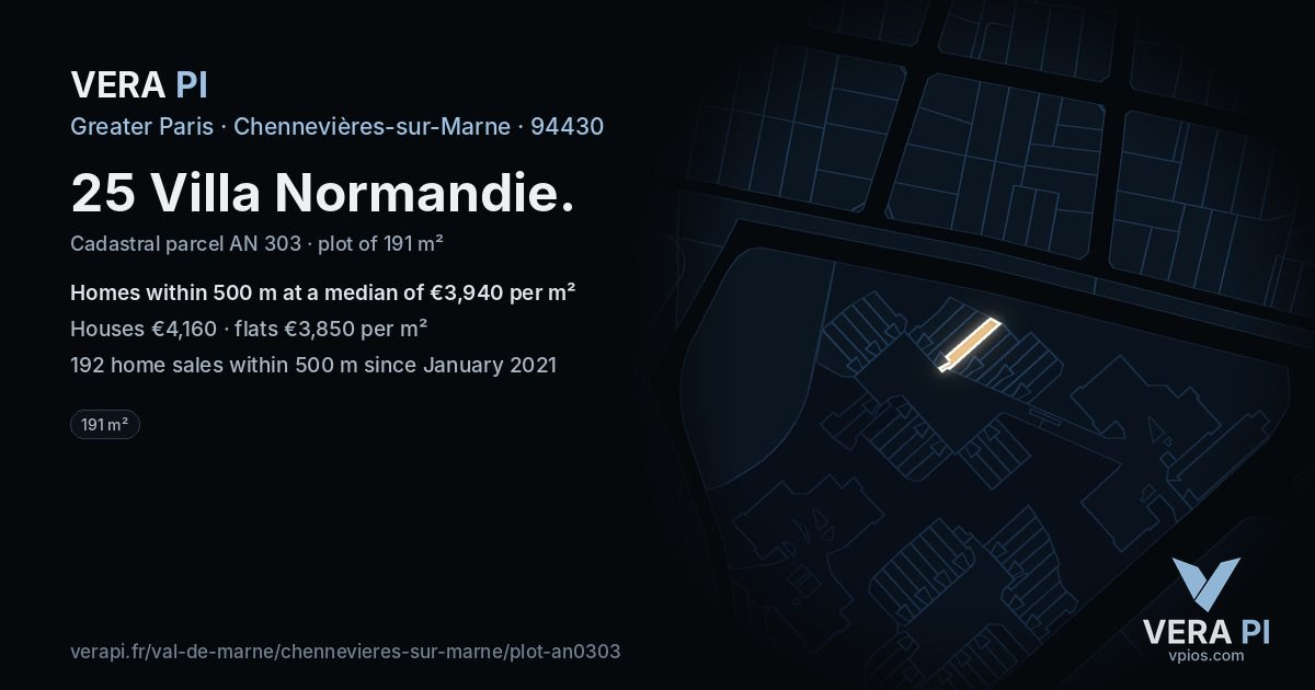 25 Villa Normandie, Chennevières-sur-Marne at night – the plot lit, the parcels around coloured by the prices near them