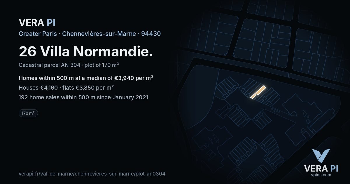 26 Villa Normandie, Chennevières-sur-Marne at night – the plot lit, the parcels around coloured by the prices near them