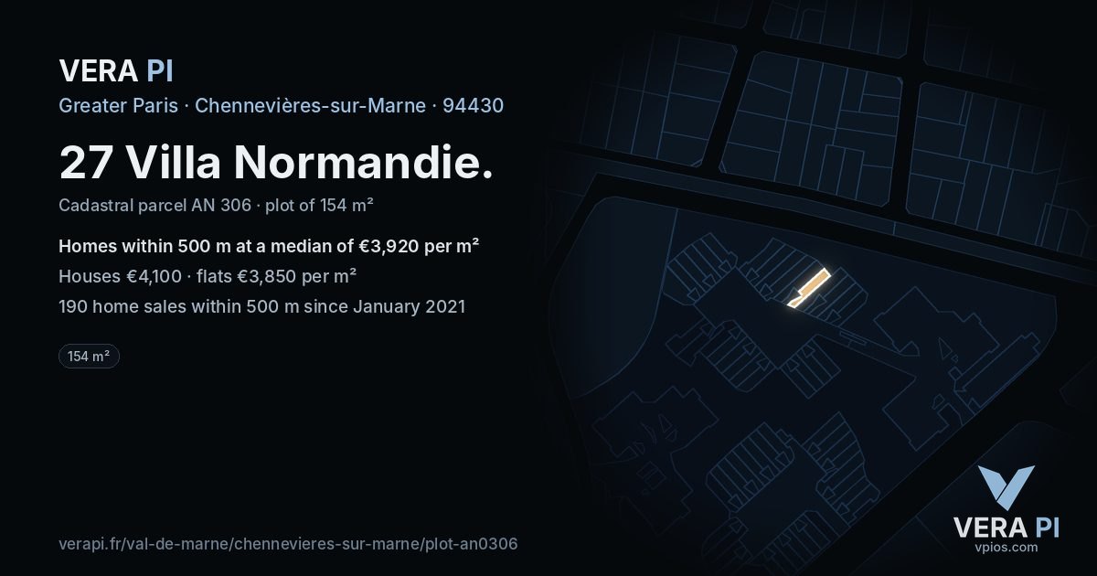 27 Villa Normandie, Chennevières-sur-Marne at night – the plot lit, the parcels around coloured by the prices near them