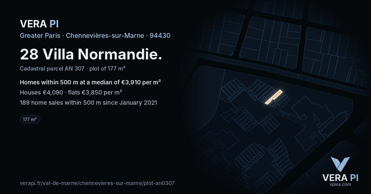 28 Villa Normandie, Chennevières-sur-Marne at night – the plot lit, the parcels around coloured by the prices near them