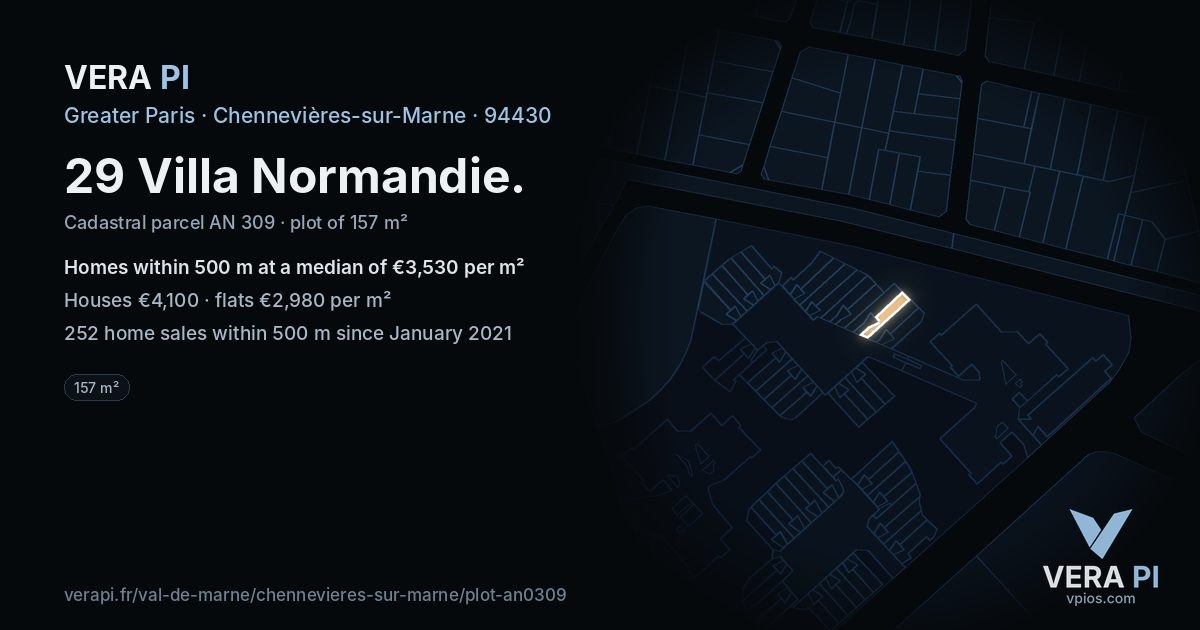 29 Villa Normandie, Chennevières-sur-Marne at night – the plot lit, the parcels around coloured by the prices near them