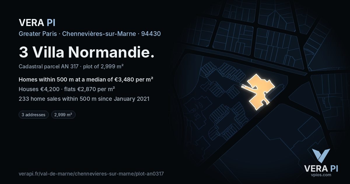 3 Villa Normandie, Chennevières-sur-Marne at night – the plot lit, the parcels around coloured by the prices near them