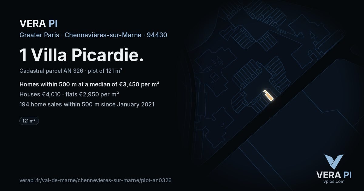 1 Villa Picardie, Chennevières-sur-Marne at night – the plot lit, the parcels around coloured by the prices near them