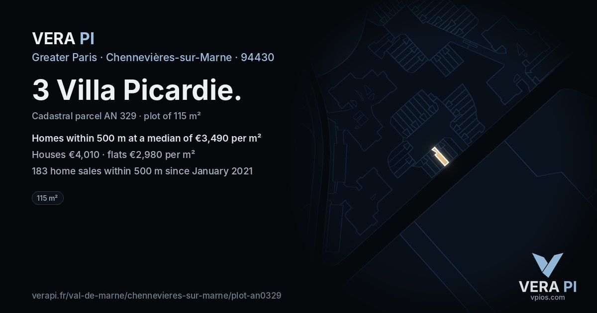 3 Villa Picardie, Chennevières-sur-Marne at night – the plot lit, the parcels around coloured by the prices near them