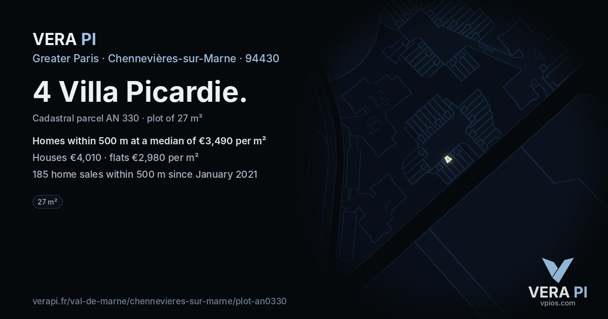 4 Villa Picardie, Chennevières-sur-Marne at night – the plot lit, the parcels around coloured by the prices near them