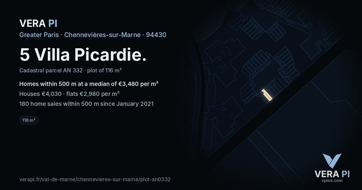 5 Villa Picardie, Chennevières-sur-Marne at night – the plot lit, the parcels around coloured by the prices near them