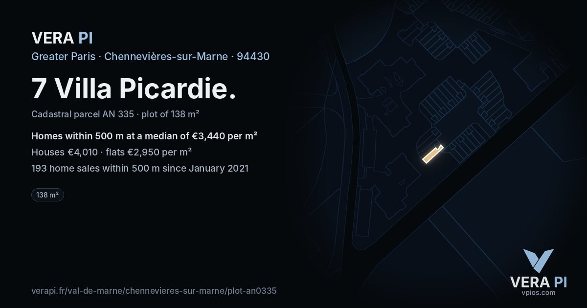 7 Villa Picardie, Chennevières-sur-Marne at night – the plot lit, the parcels around coloured by the prices near them